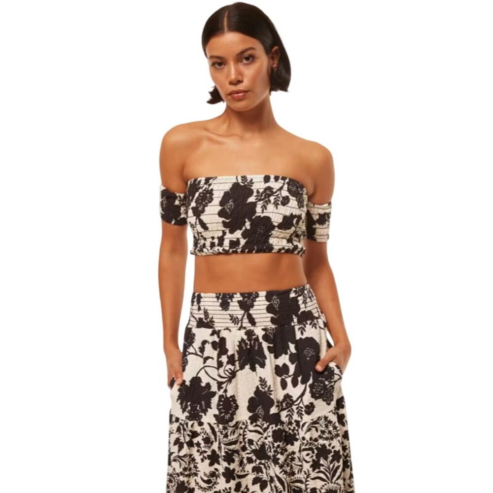 MISA Los Angeles Alba Smocked Cropped Top Floral Off Shoulder Boho Summer S